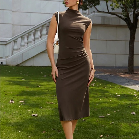 OGL Move Mock Neck Tucks Midi Dress - Picture 2 of 9